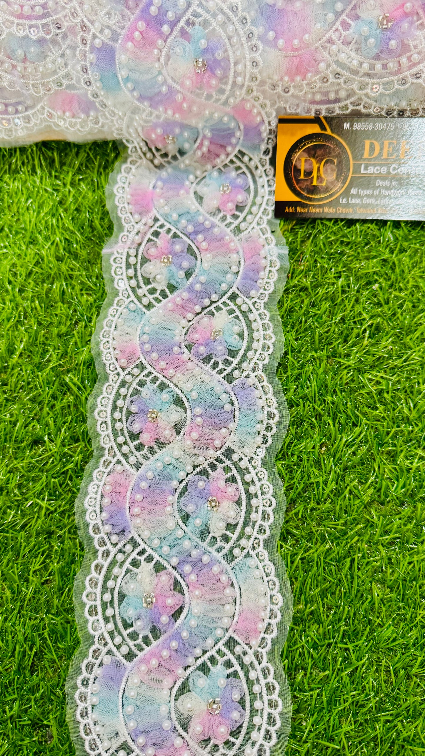 Premium Multicolour Floral Lace Trim with Pearl & Bead Work – 4-5 Inches Width