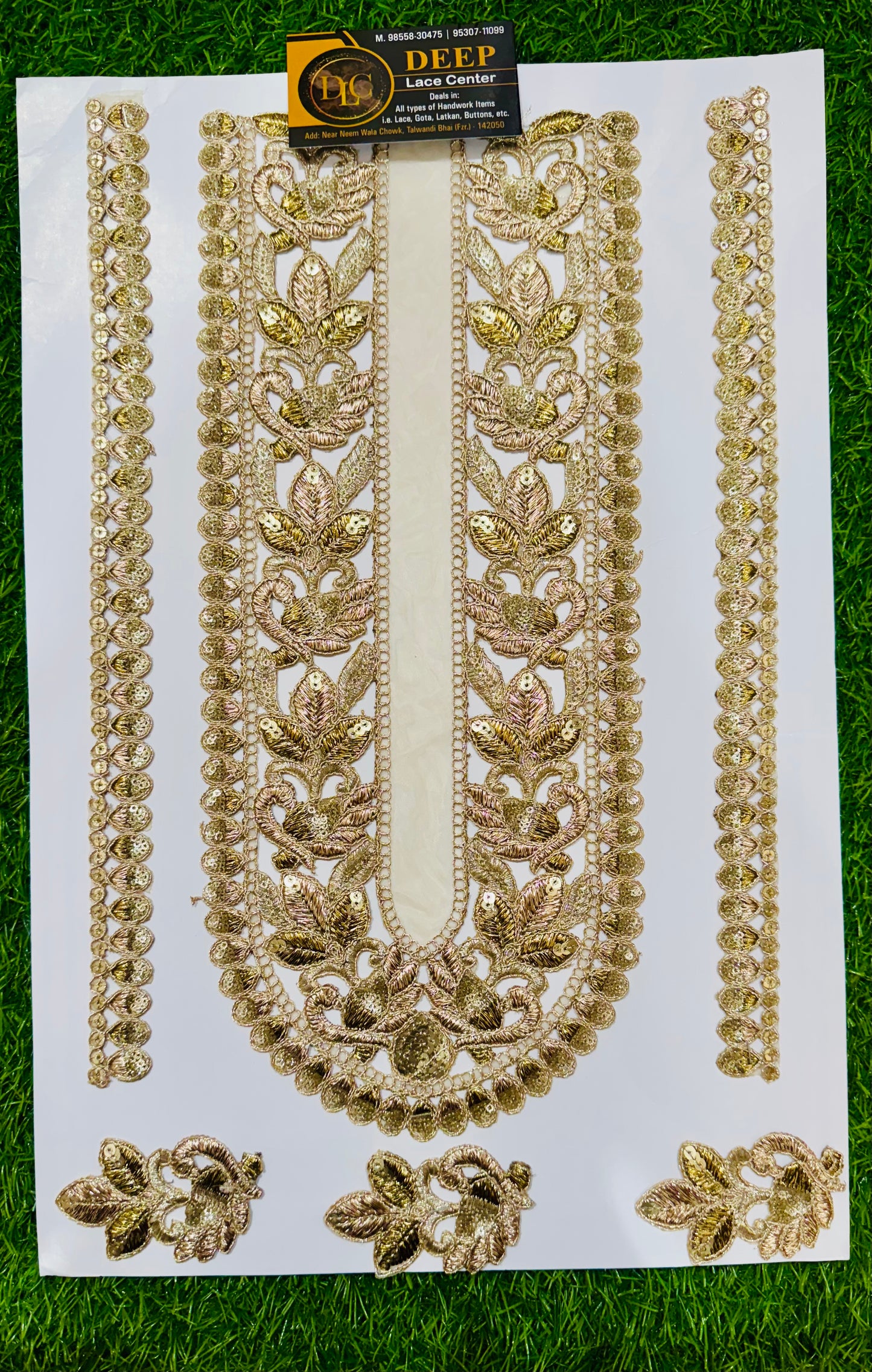 Golden Embroidered Neck Patch Set with Border & Sleeves – Designer Suit & Kurti Embellishment