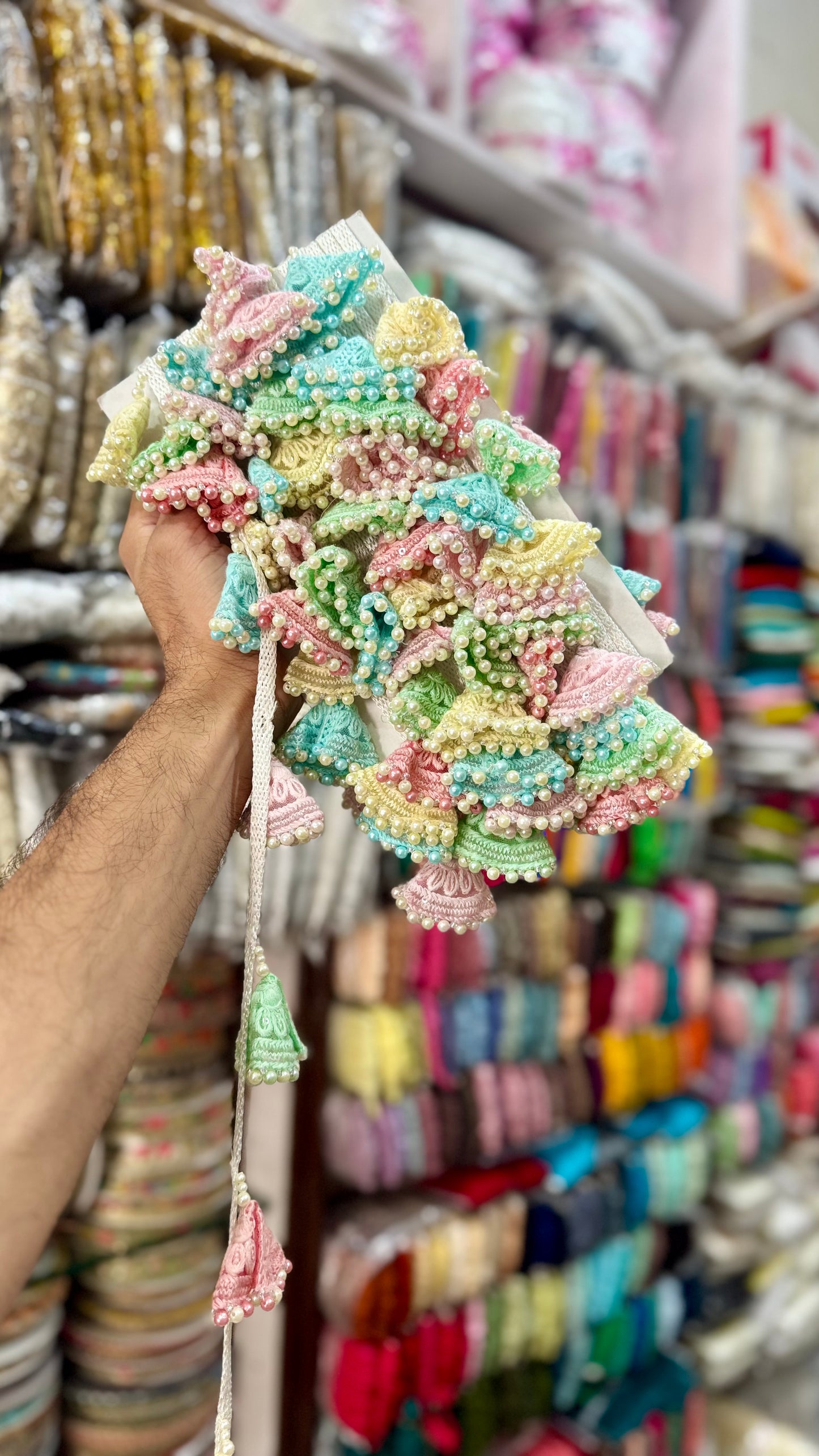 Pastel Conical Tassel Lace with Pearl Beads