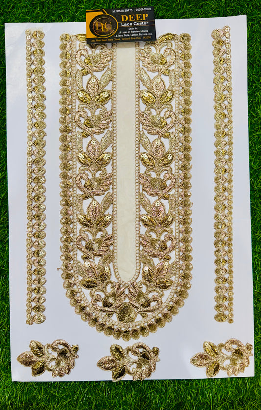 Golden Embroidered Neck Patch Set with Border & Sleeves – Designer Suit & Kurti Embellishment