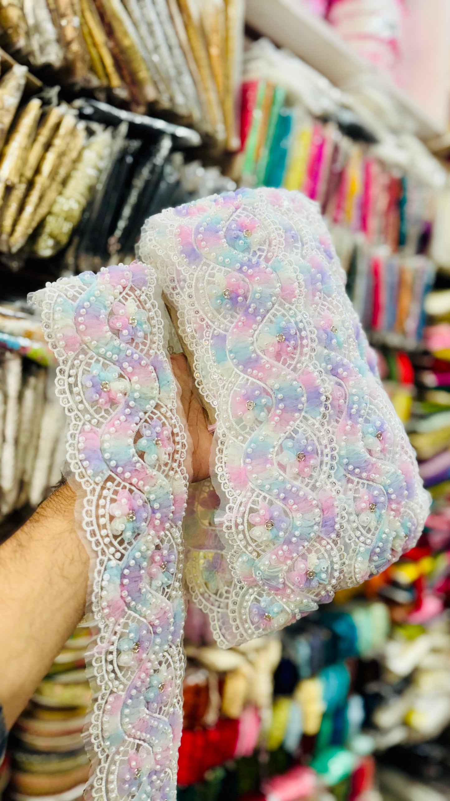 Premium Multicolour Floral Lace Trim with Pearl & Bead Work – 4-5 Inches Width