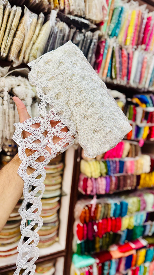 Premium White Loop Pattern Embroidery Sequins Lace