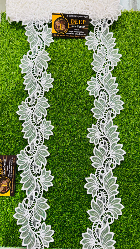 White Floral Embroidered Net Dyeable Lace Border – Elegant Saree, Dupatta & Dress Trim