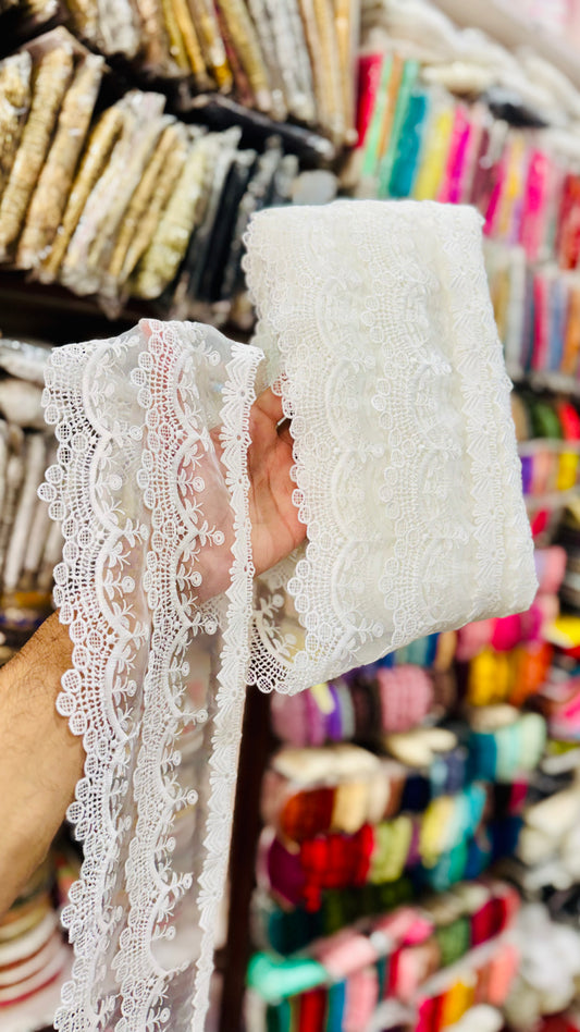 White 3D Floral Embroidered Lace Trim on Organza – 2.5 Inches Width