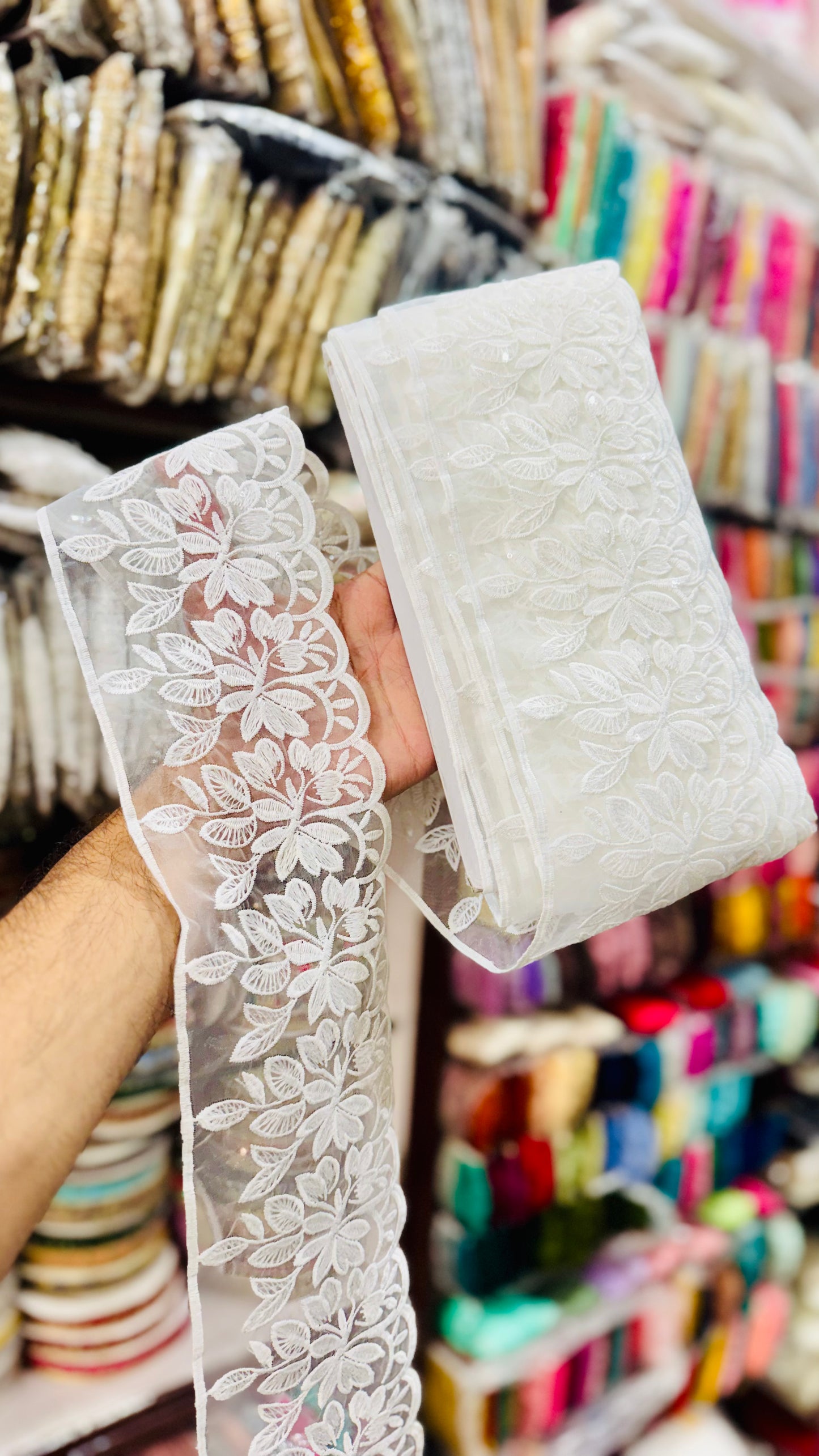 White Floral Embroidered Organza Lace Trim – 2.5-3 Inches Width