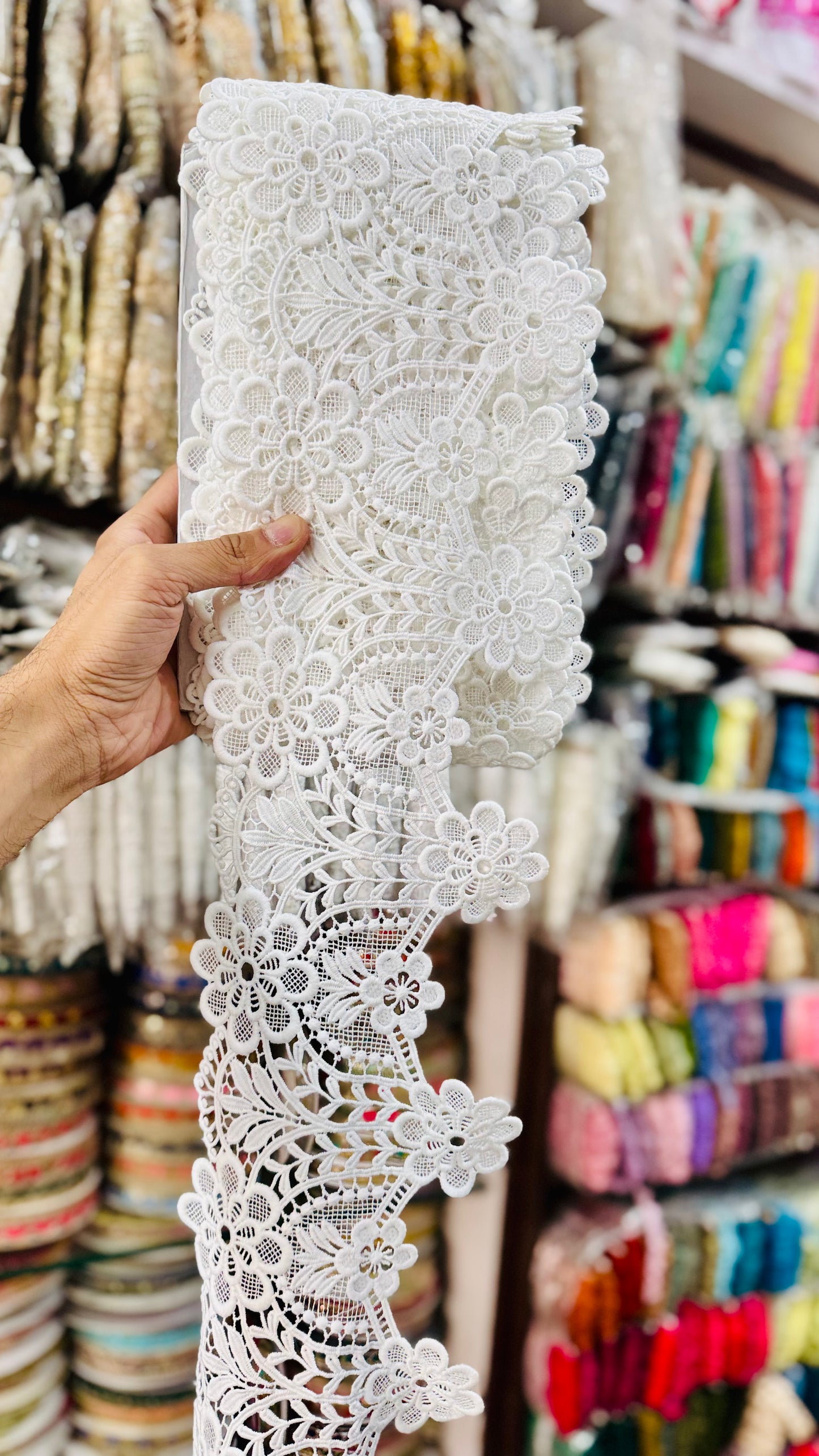 Premium White Floral Embroidered Lace – Intricate Cotton Base | 6-inch Width