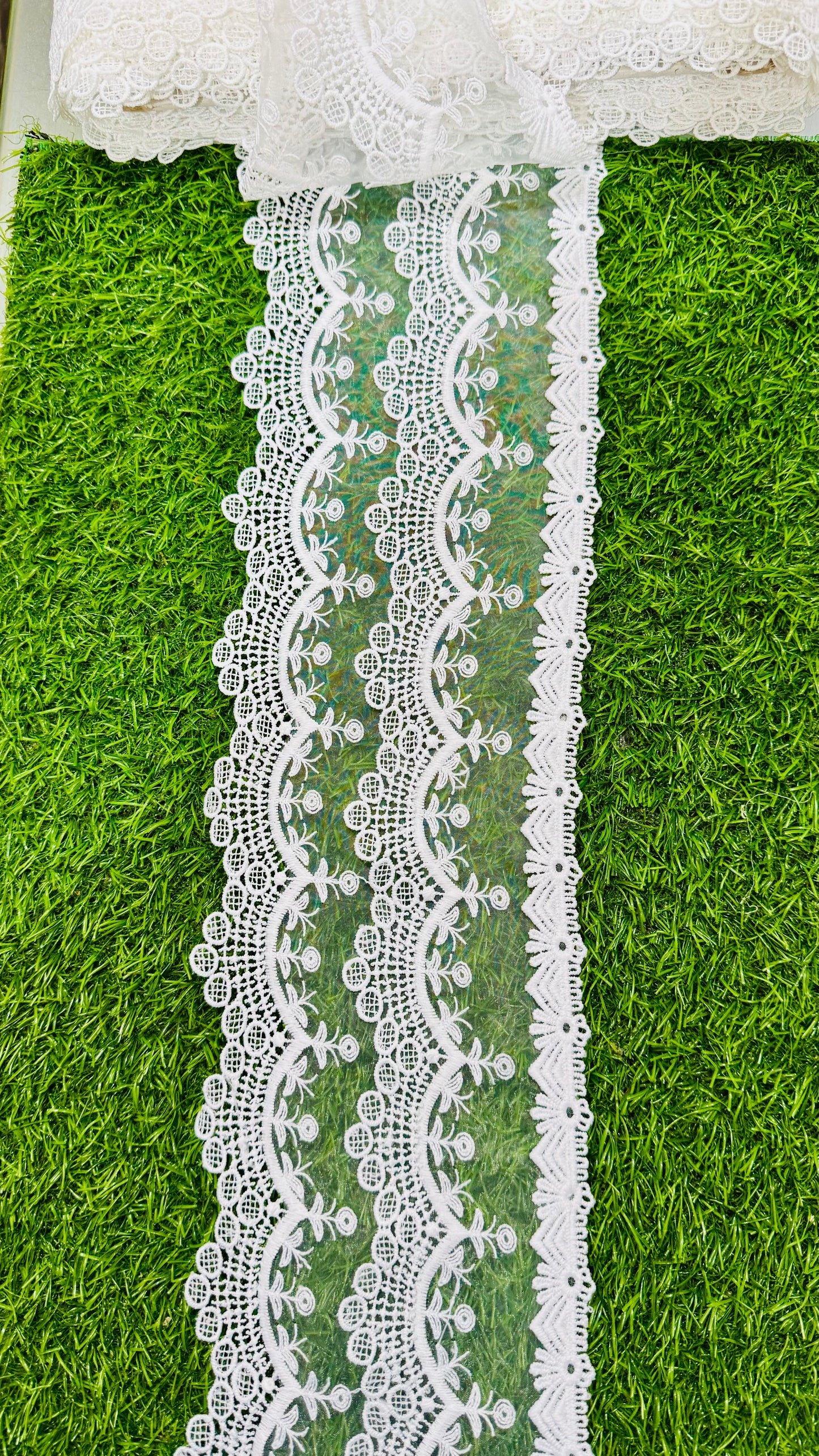 White 3D Floral Embroidered Lace Trim on Organza – 2.5 Inches Width