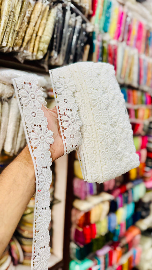 White Daisy Flower Embroidered Cotton Lace Trim – 1.5 Inches Width