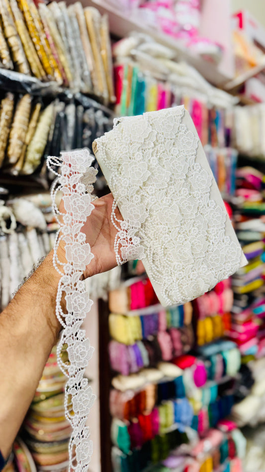 White Rose Flower Embroidered Cotton Lace – 5 cm Width