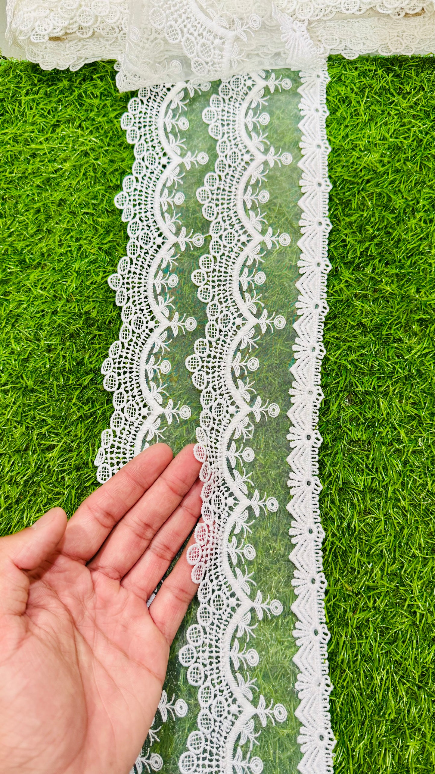 White 3D Floral Embroidered Lace Trim on Organza – 2.5 Inches Width