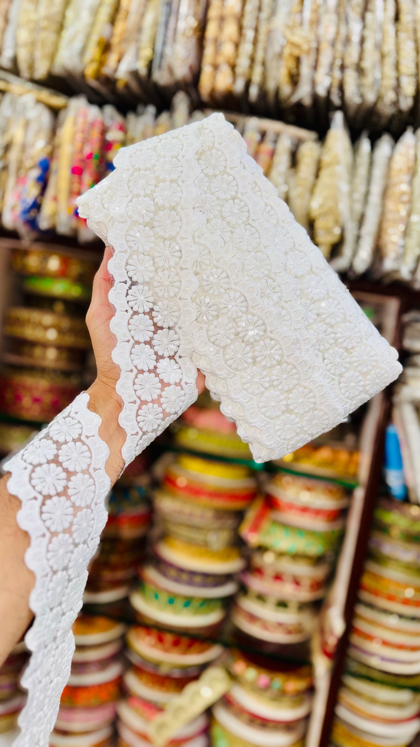 White Floral Embroidered Lace with Sequins – 2.5 Inch Width